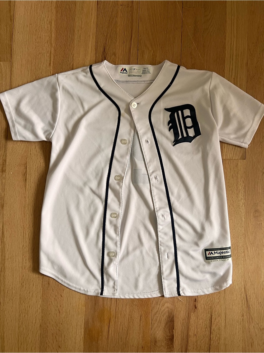 Miguel Cabrera Majestic Kids White Baseball Jersey with Navy Detroit D Logo